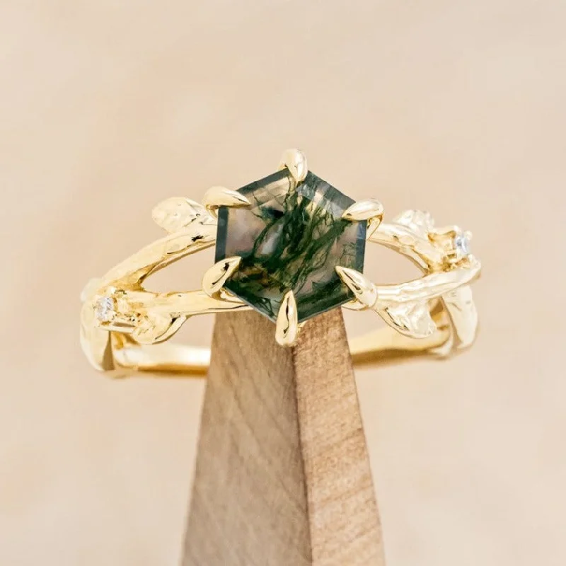 "ARTEMIS ON THE VINE" - HEXAGON MOSS AGATE ENGAGEMENT RING WITH DIAMOND ACCENTS & A BRANCH-STYLE BAND