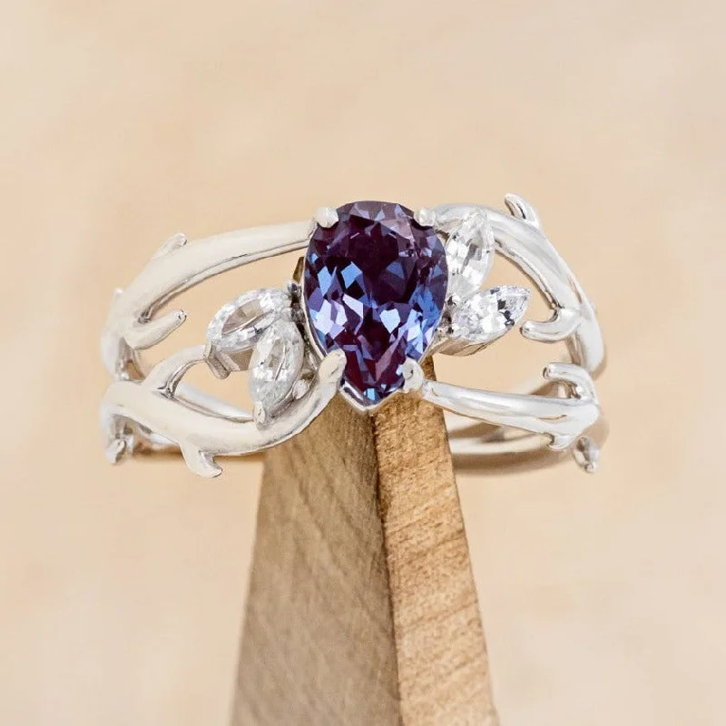 "ARTEMIS" - PEAR SHAPED LAB-GROWN ALEXANDRITE ENGAGEMENT RING WITH MARQUISE DIAMOND ACCENTS