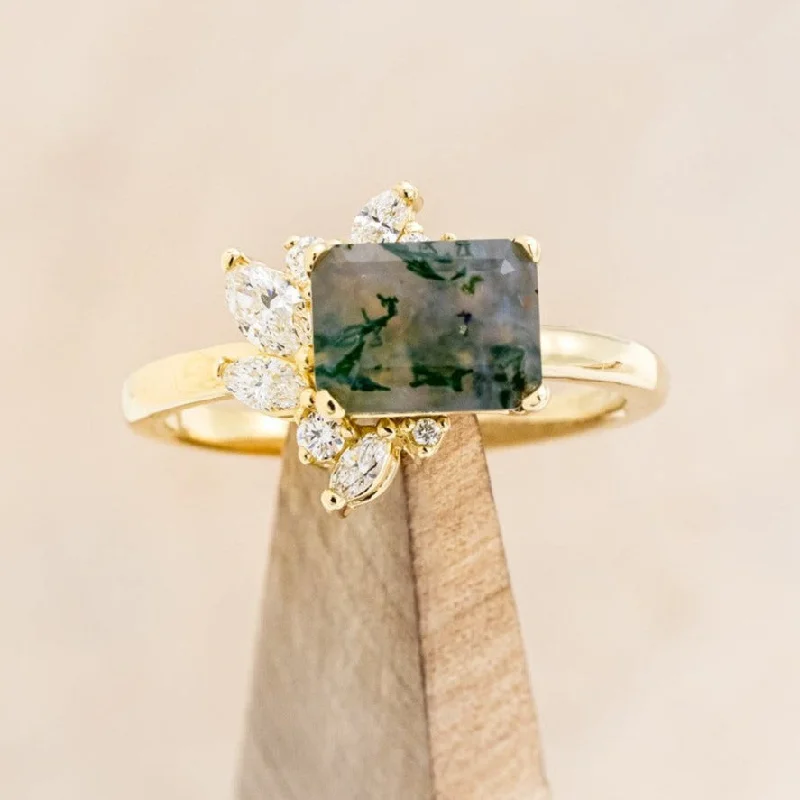 "AURAE" - EMERALD CUT MOSS AGATE ENGAGEMENT RING WITH DIAMOND ACCENTS