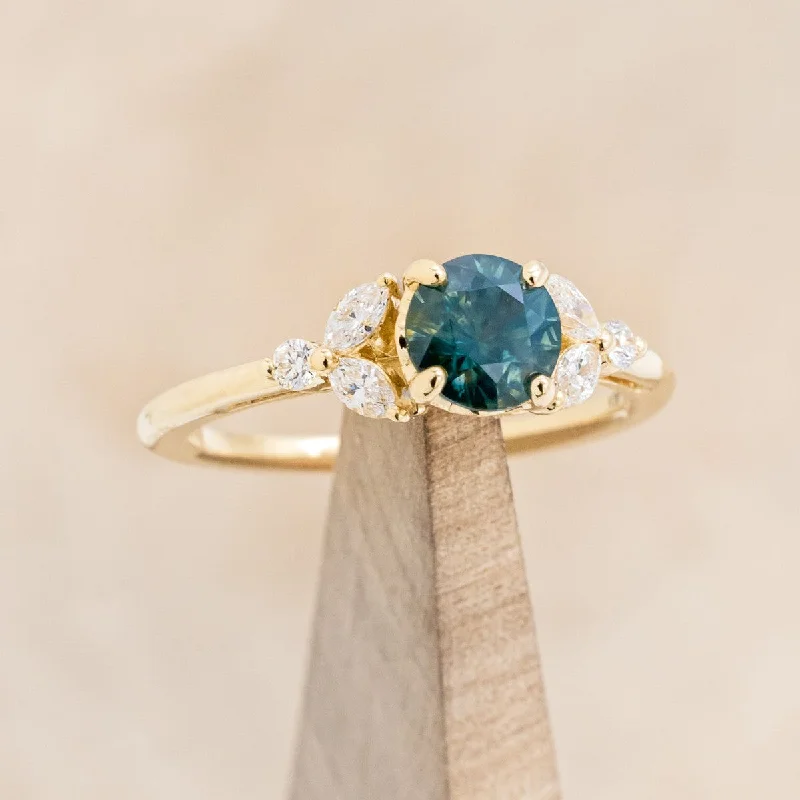 "BLOSSOM" - ROUND CUT MONTANA SAPPHIRE ENGAGEMENT RING WITH LEAFCUT DIAMOND ACCENTS