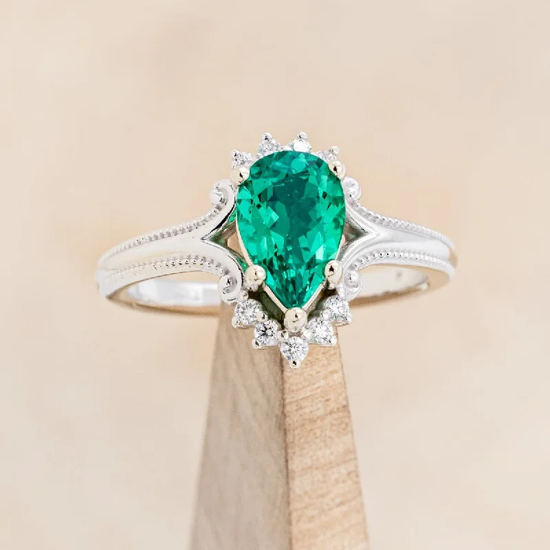 "DESTINY" - PEAR CUT LAB-GROWN EMERALD ENGAGEMENT RING WITH DIAMOND ACCENTS