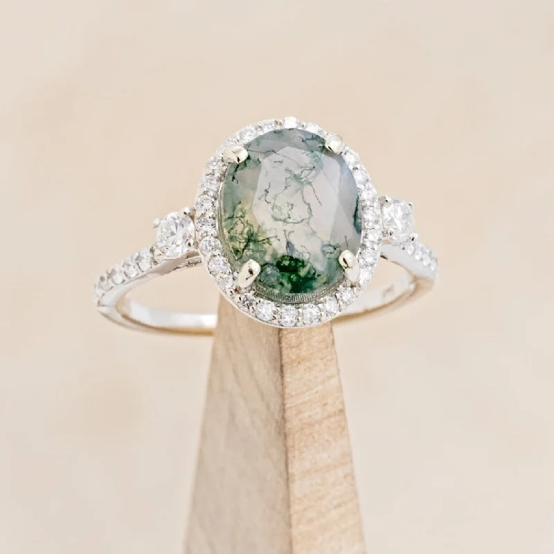 "KB" - OVAL MOSS AGATE ENGAGEMENT RING WITH DIAMOND HALO & ACCENTS