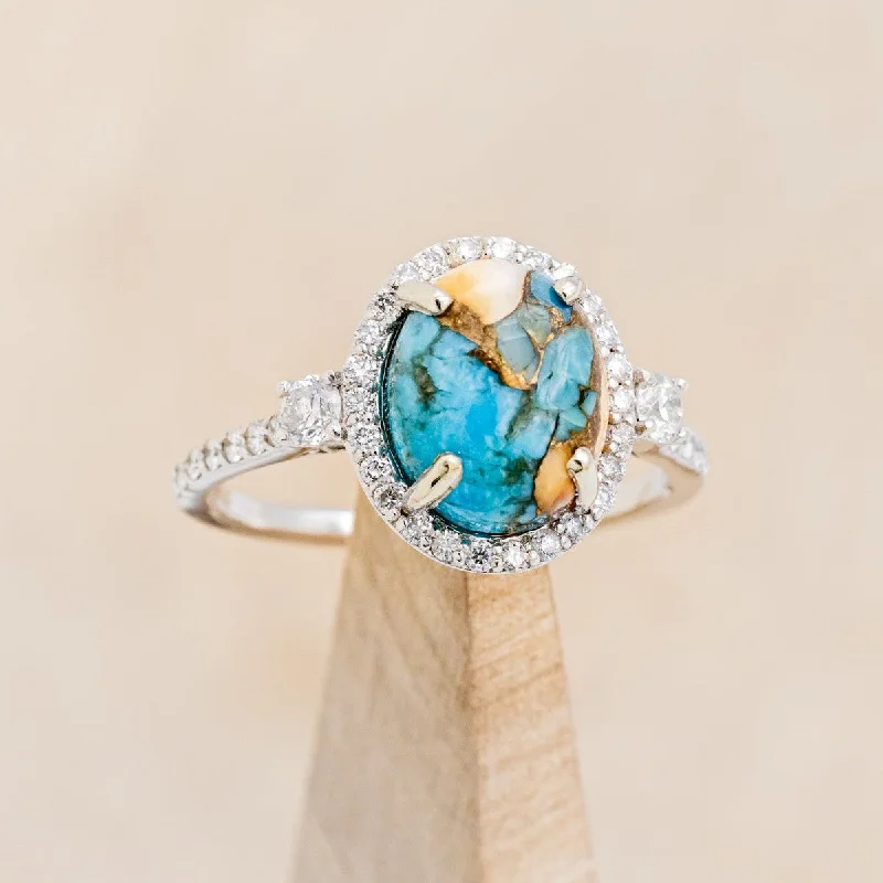 "KB" - OVAL SPINY OYSTER TURQUOISE ENGAGEMENT RING WITH DIAMOND HALO & ACCENTS