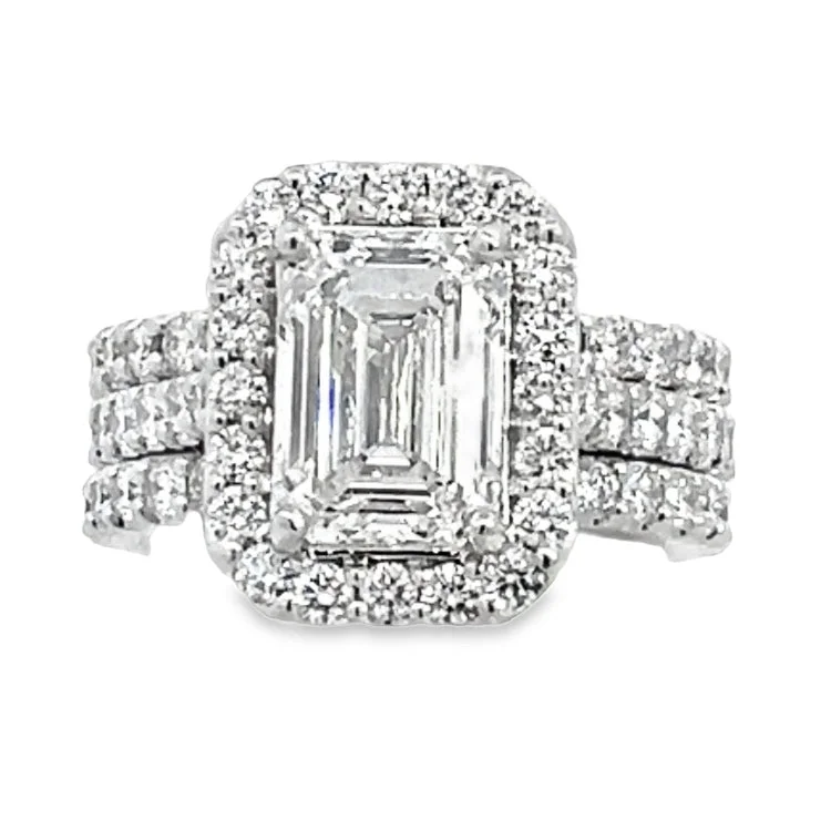 LAB GROWN EMERALD CUT AND ROUND DIAMONDS 4.30ctw HALO THREE PIECE WEDDING SET