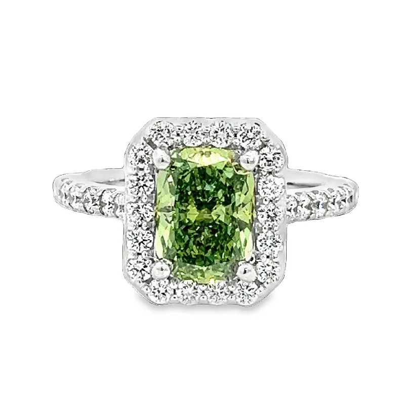 LAB GROWN FANCY VIVD GREEN CUSHION AND ROUND DIAMONDS 2.79ctw HALO RING