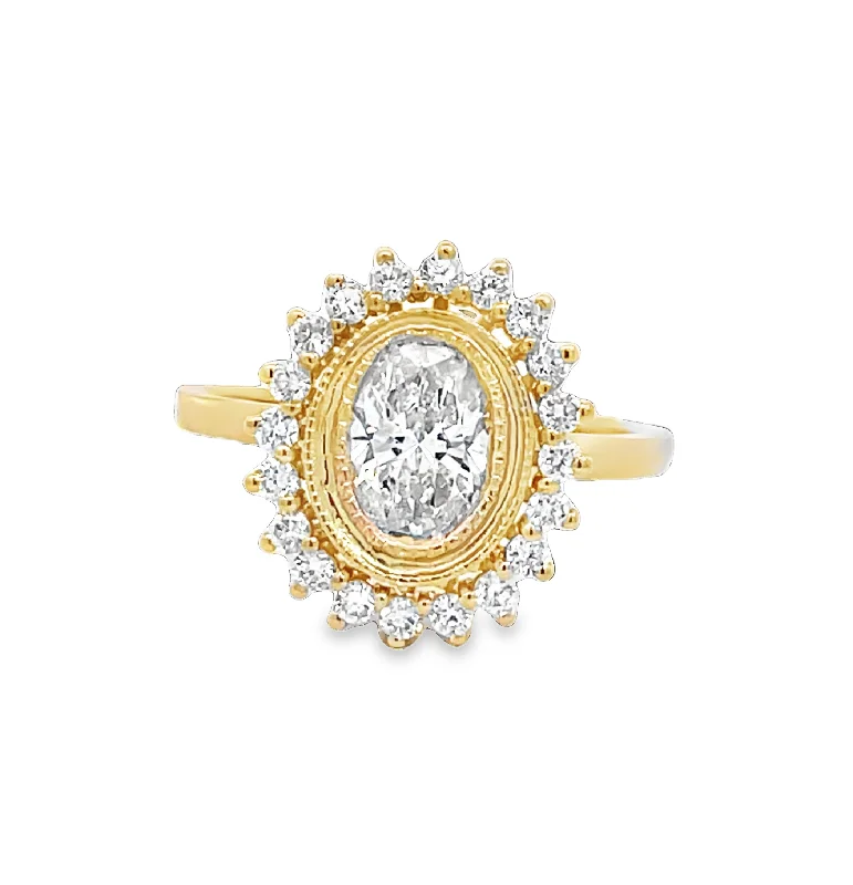 LAB GROWN OVAL & ROUND DIAMONDS 1.35ctw BEZEL VINTAGE HALO RING