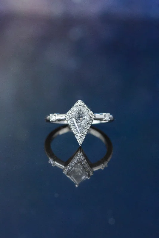 "LEIJA" - KITE CUT SALT & PEPPER ENGAGEMENT RING WITH DIAMOND HALO & ACCENTS