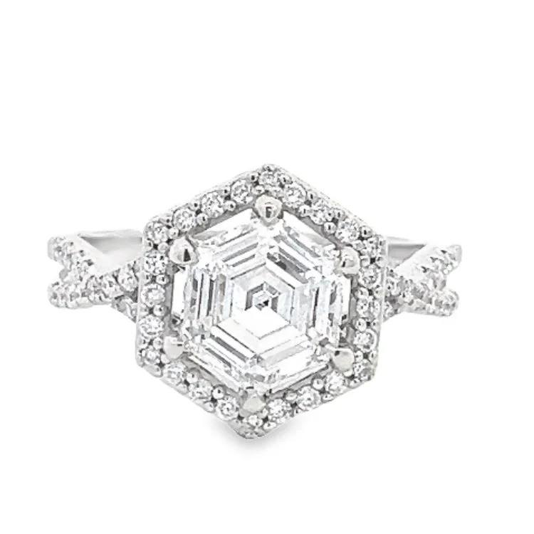 LAB GROWN HEXAGON & ROUND DIAMONDS 2.12ctw PRONG SET HALO TWIST DESIGN RING