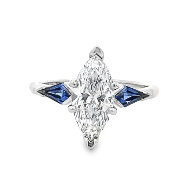 LAB GROWN MARQUISE DIAMOND BLUE SAPPHIRE KITES 2.13ctw THREE STONE RING