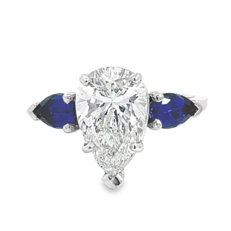 LAB GROWN PEAR DIAMOND & SAPPHIRES 3.54ctw THREE STONE RING