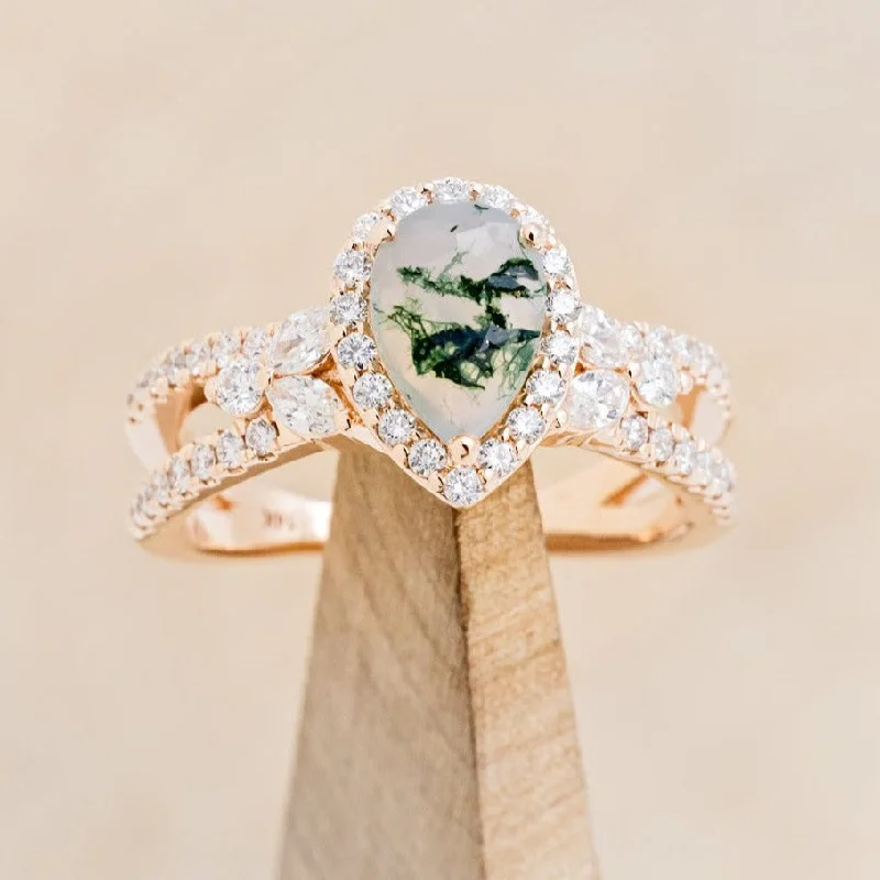 "LORETTA" - PEAR CUT MOSS AGATE ENGAGEMENT RING WITH DIAMOND HALO & ACCENTS