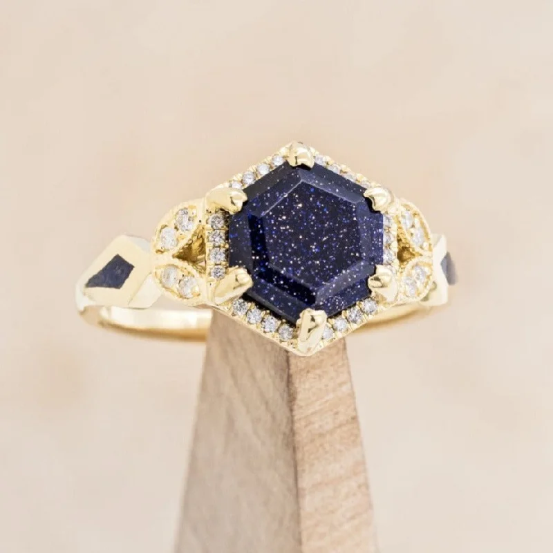 "LUCY IN THE SKY" - HEXAGON CUT BLUE GOLDSTONE ENGAGEMENT RING WITH DIAMOND HALO & CRUSHED GOLDSTONE INLAYS