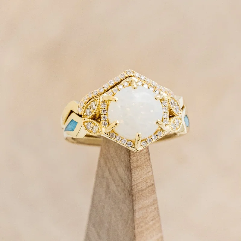 "LUCY IN THE SKY" - ROUND CABOCHON CUT WHITE OPAL ENGAGEMENT RING WITH DIAMOND ACCENTS, TURQUOISE INLAYS AND A DIAMOND TRACER