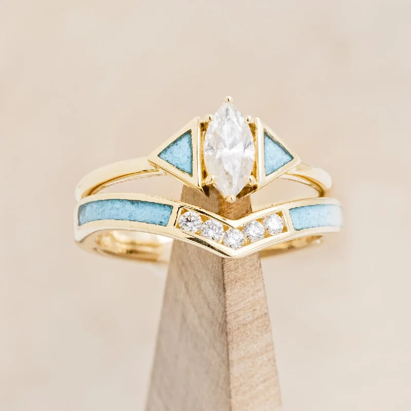 "NILE" - MARQUISE MOISSANITE ENGAGEMENT RING WITH TURQUOISE INLAYS & "KIDA" TRACER