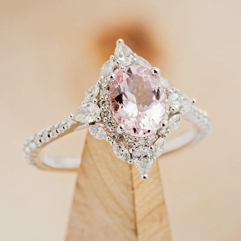 "NORTH STAR" - OVAL MORGANITE ENGAGEMENT RING WITH DIAMOND HALO & ACCENTS