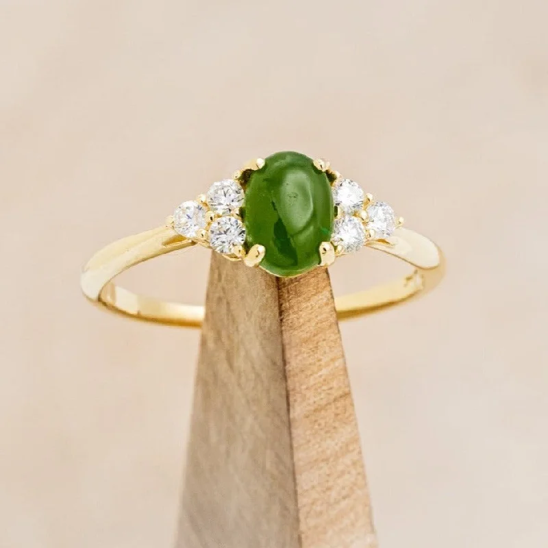 "RHEA" - OVAL CABOCHON CUT JADE ENGAGEMENT RING WITH DIAMOND ACCENTS