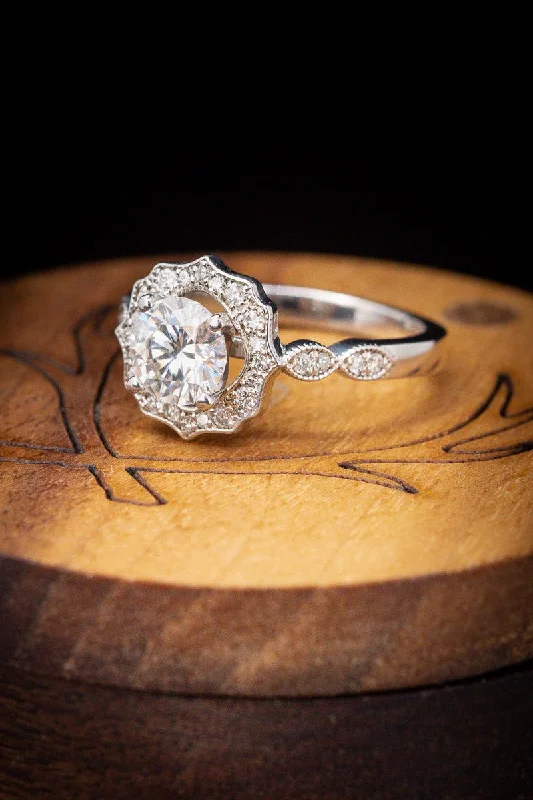 ROUND CUT MOISSANITE ENGAGEMENT RING WITH DIAMOND HALO & ACCENTS