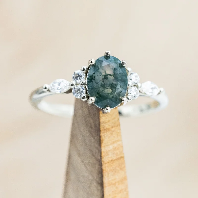 "SAGE" - OVAL CUT MOSS AGATE ENGAGEMENT RING WITH DIAMOND ACCENTS