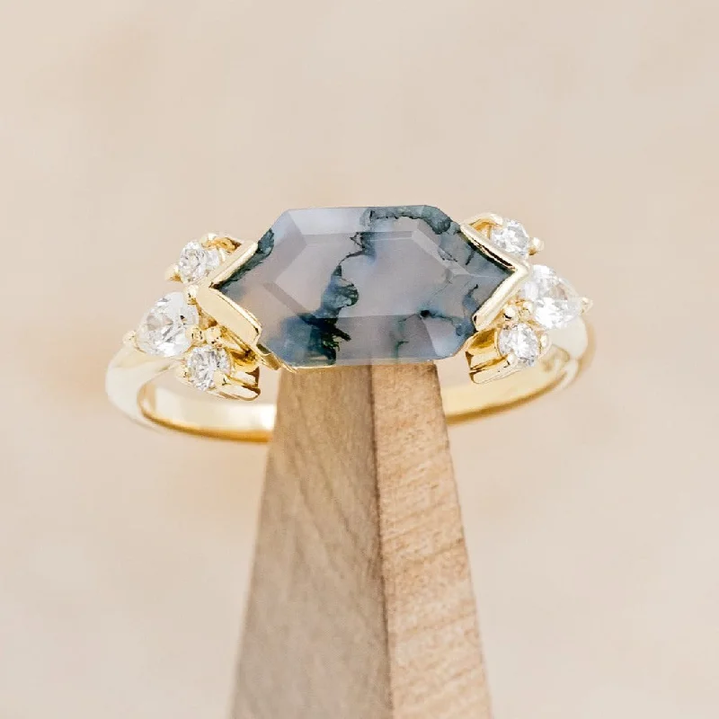 "SILVIA" - ELONGATED HEXAGON MOSS AGATE ENGAGEMENT RING WITH DIAMOND ACCENTS