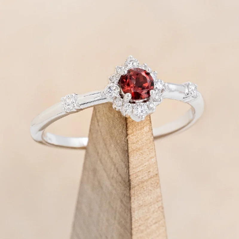 "STARLA" - ROUND CUT GARNET ENGAGEMENT RING WITH STARBURST DIAMOND HALO