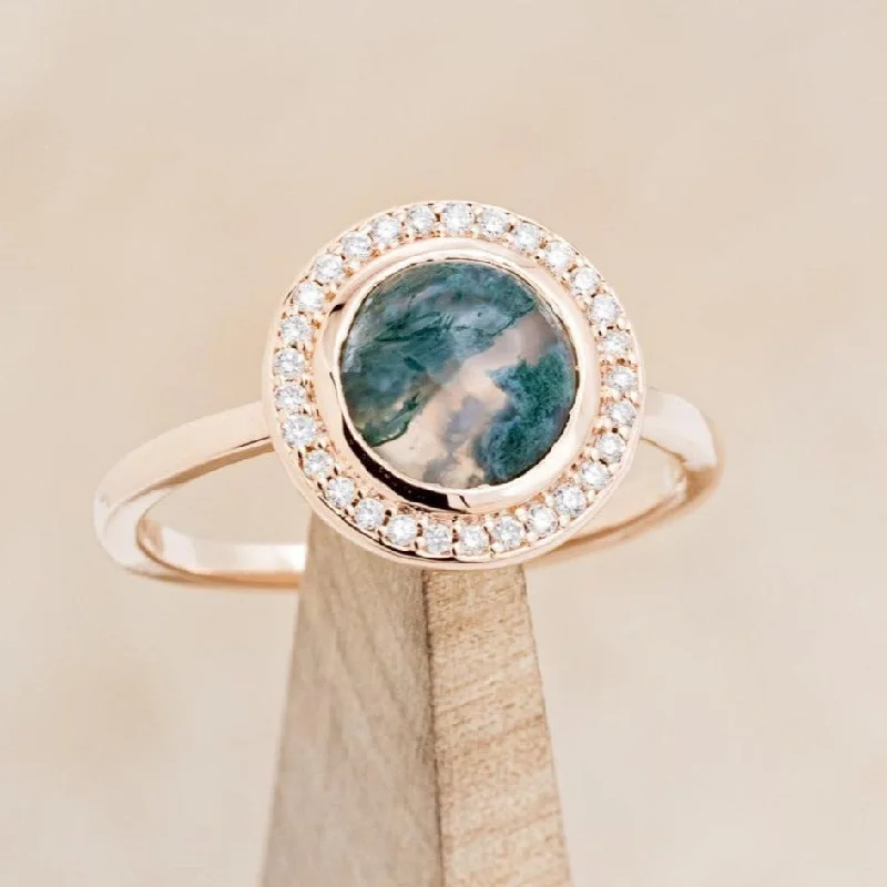 "TERRA" - ROUND CABOCHON CUT MOSS AGATE ENGAGEMENT RING WITH DIAMOND HALO