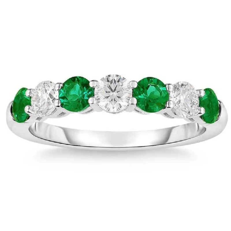 1 1/2Ct TW Round Diamond & Created Emerald Wedding Anniversary Ring in Gold