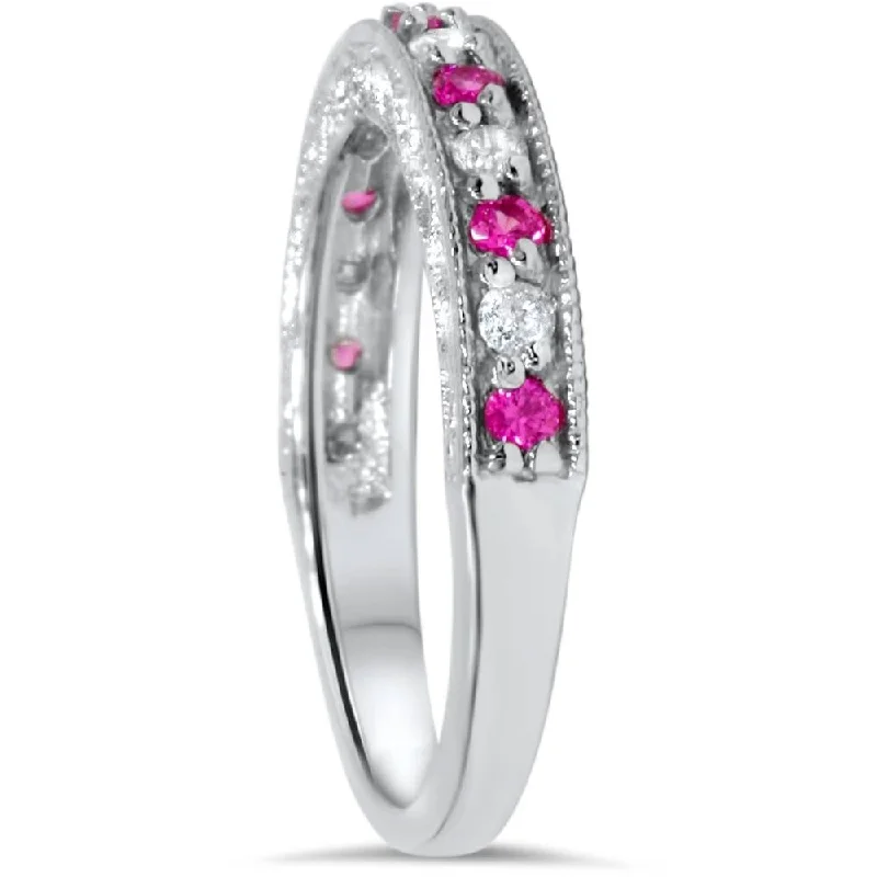 1/2ct Pink Topaz & Diamond Vintage Wedding Ring White Gold