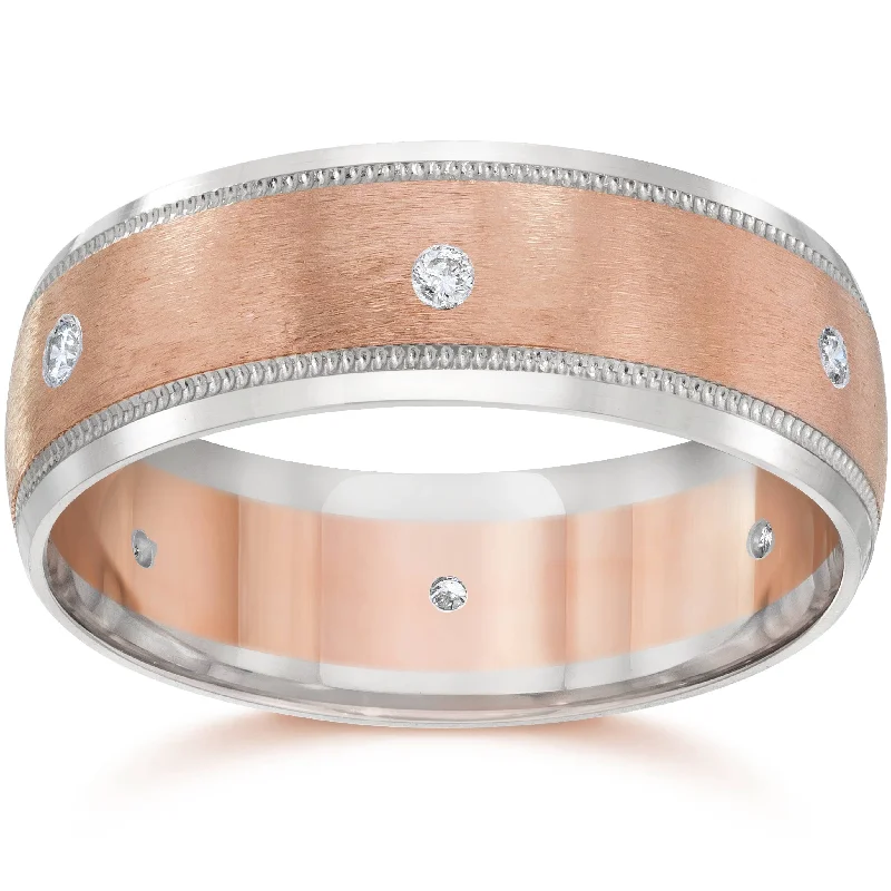 8MM Mens Two Tone Rose Gold Diamond Wedding Band