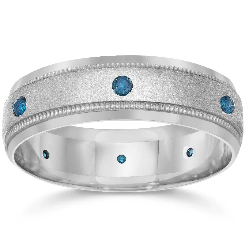 Blue Diamond Mens Wedding Ring White Gold