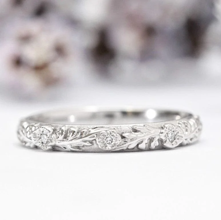 Diamond Trio Poppy Flower Leaf Wedding Band