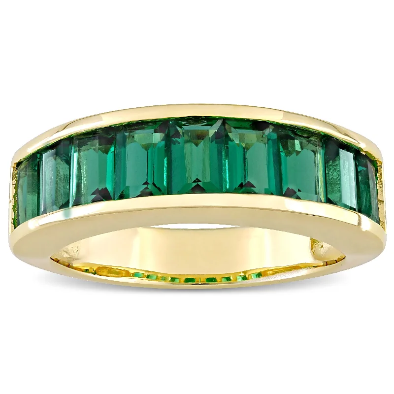 Miadora Yellow Plated Sterling Silver Baguette-cut Created Emerald Semi-Eternity Anniversary Band Ring