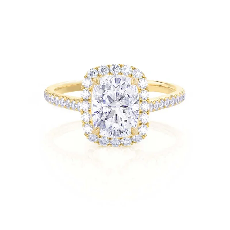 DARLEY - 1.50ct Moissanite Elongated Cushion Micro Pavé 18k Yellow Gold Halo