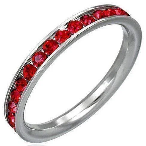 Ruby Red CZ Eternity Ring Comfort Fit Stainless Steel Band